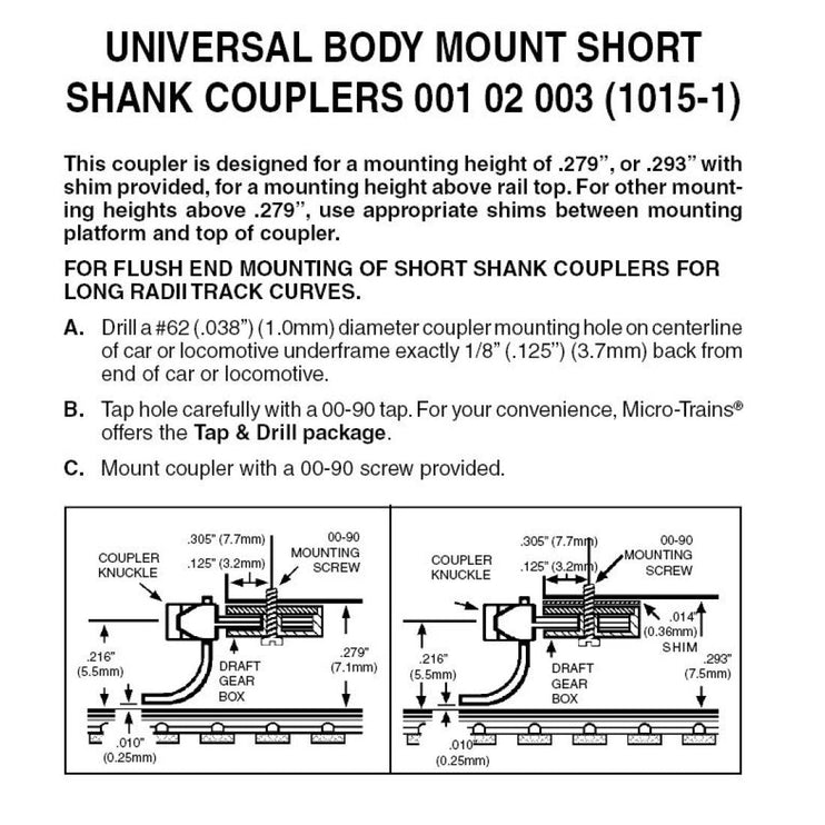 Micro Trains N Scale Universal Body Mount Short Shank Couplers Reverse Draft Angle 1015-1