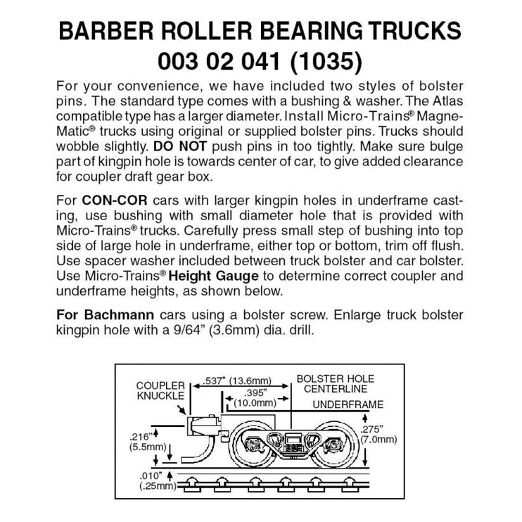 Micro Trains N Scale Barber Roller Bearing Trucks with Short Extension Magne-Matic Couplers 1035