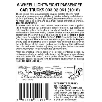 Micro Trains N Scale 6-Wheel Lightweight Passenger Car Trucks 1018