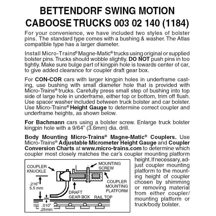 Micro Trains N Scale Bettendorf Swing Motion Caboose Trucks without Couplers 1184