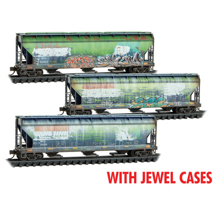 Micro Trains N Scale Montana Rail Link Weathered 3-Bay Covered Hopper w/ Elongated Hatches 3-Pack JEWEL Case RD# MRL 50002, 50007, 50024