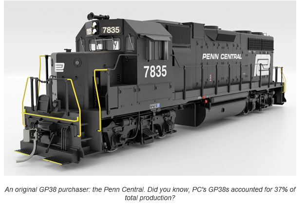 Rapido 38023 HO EMD GP38 Low Nose - Standard DC -- Penn Central #7848 (black, white, large logo)