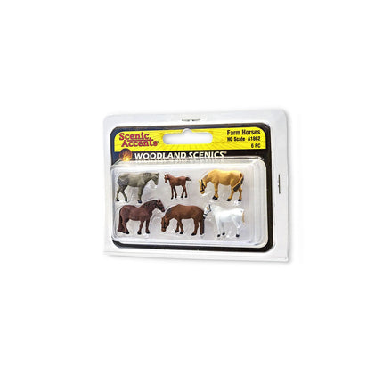 Farm Horses - HO Scale - Set includes five adult sturdy work horses and one foal in various poses