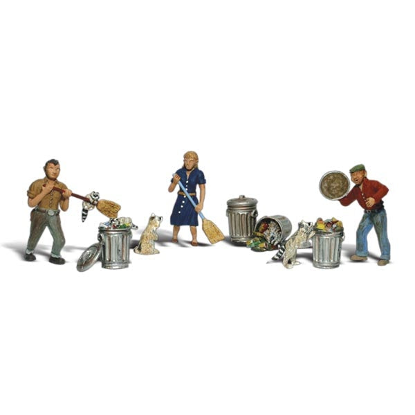 People & Pesky Raccoons -  HO Scale - A set of men and a woman with a broom try to shoo three pesky raccoons