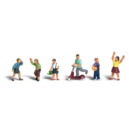 Children - HO Scale - A set of children riding scooters, waving, carrying a lunchbox, calling out and playing