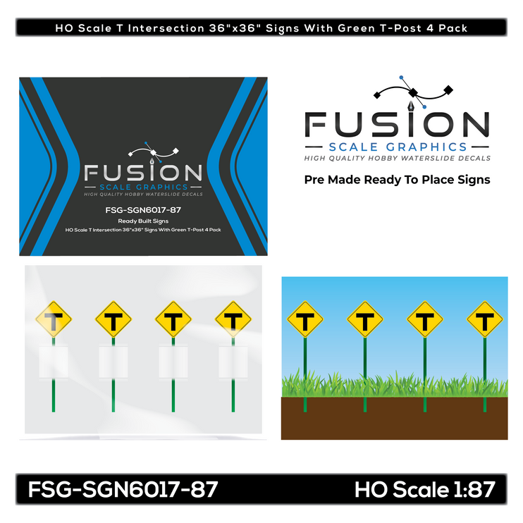 HO Scale T Intersection 36"x36" Sign With Green T-Post 4 Pack