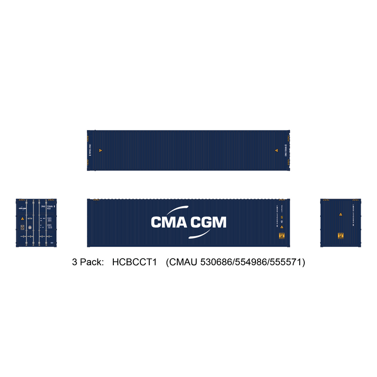 Aurora Miniatures HO 40ft Containers 3 Pack CMA CGM (CMAU 530686/554986/555571) - Train Supply