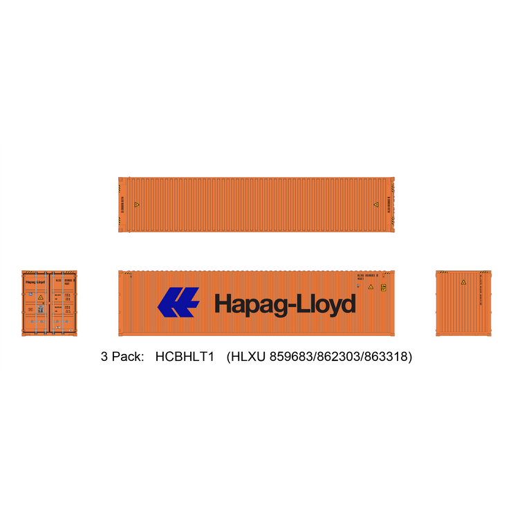 Aurora Miniatures HO 40ft Containers 3 Pack Hapag-Lloyd Large Logo (HLXU 859683/862303/863318) - Train Supply