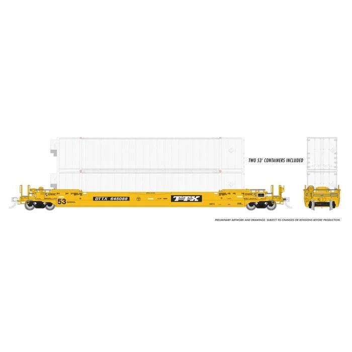 Rapido 401061 HO TTX As Delivered Gunderson 53ft Husky Stack Well Car 3-Pack with 6 Containers